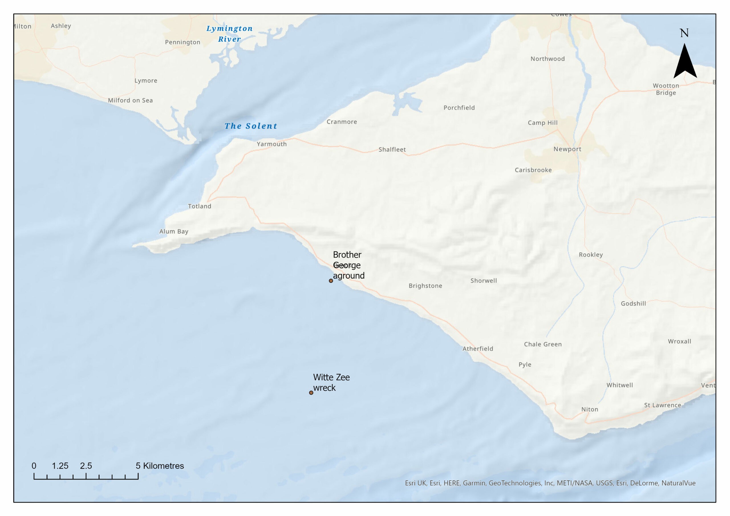 Locations of Brother George aground and Witte Zee sunk